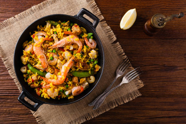 istock Traditional Spanish paella with seafood and chicken. 1157961068