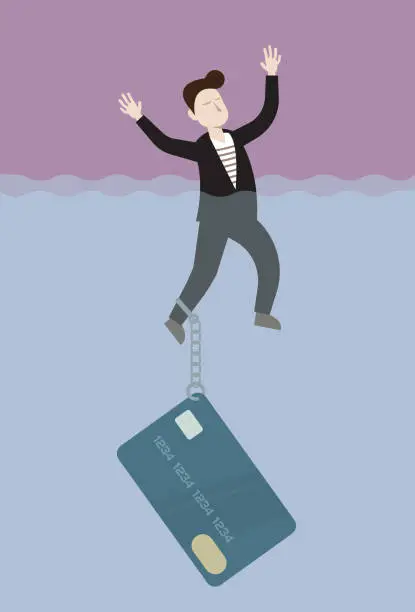 Vector illustration of Businessman drowning by credit card