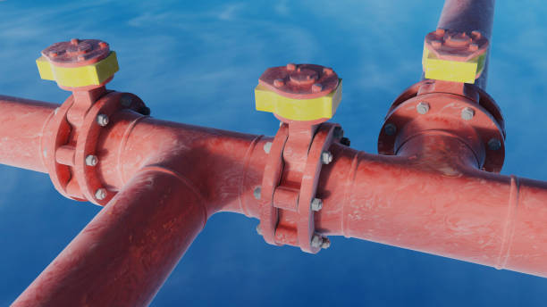 istock Three Sluice gates with Two T section on Large Red Frosted Pipes 1157961959