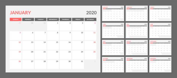 ilustrações de stock, clip art, desenhos animados e ícones de calendar for 2020 new year in clean minimal table simple style. - grotesque