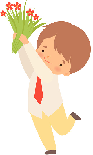 Cute Little Boy Standing With Bouquet Of Red Flowers Cartoon Vector  Illustration Stock Illustration - Download Image Now - iStock