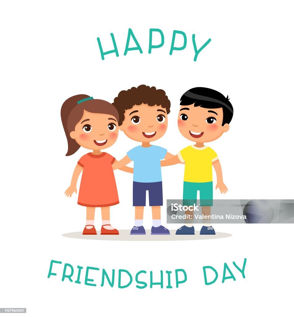 Happy Friendship Day Three International Children Hugging Stock ...