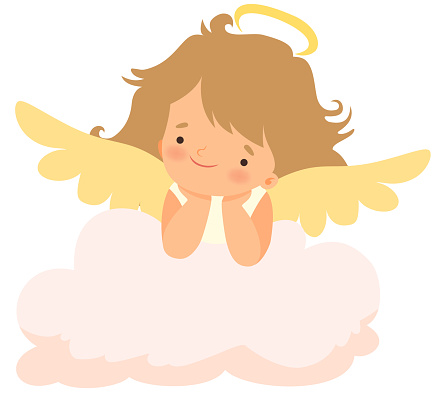 Adorable Girl Angel with Nimbus and Wings, Cute Baby Cartoon Character in Cupid or Cherub Costume Vector Illustration on White Background.