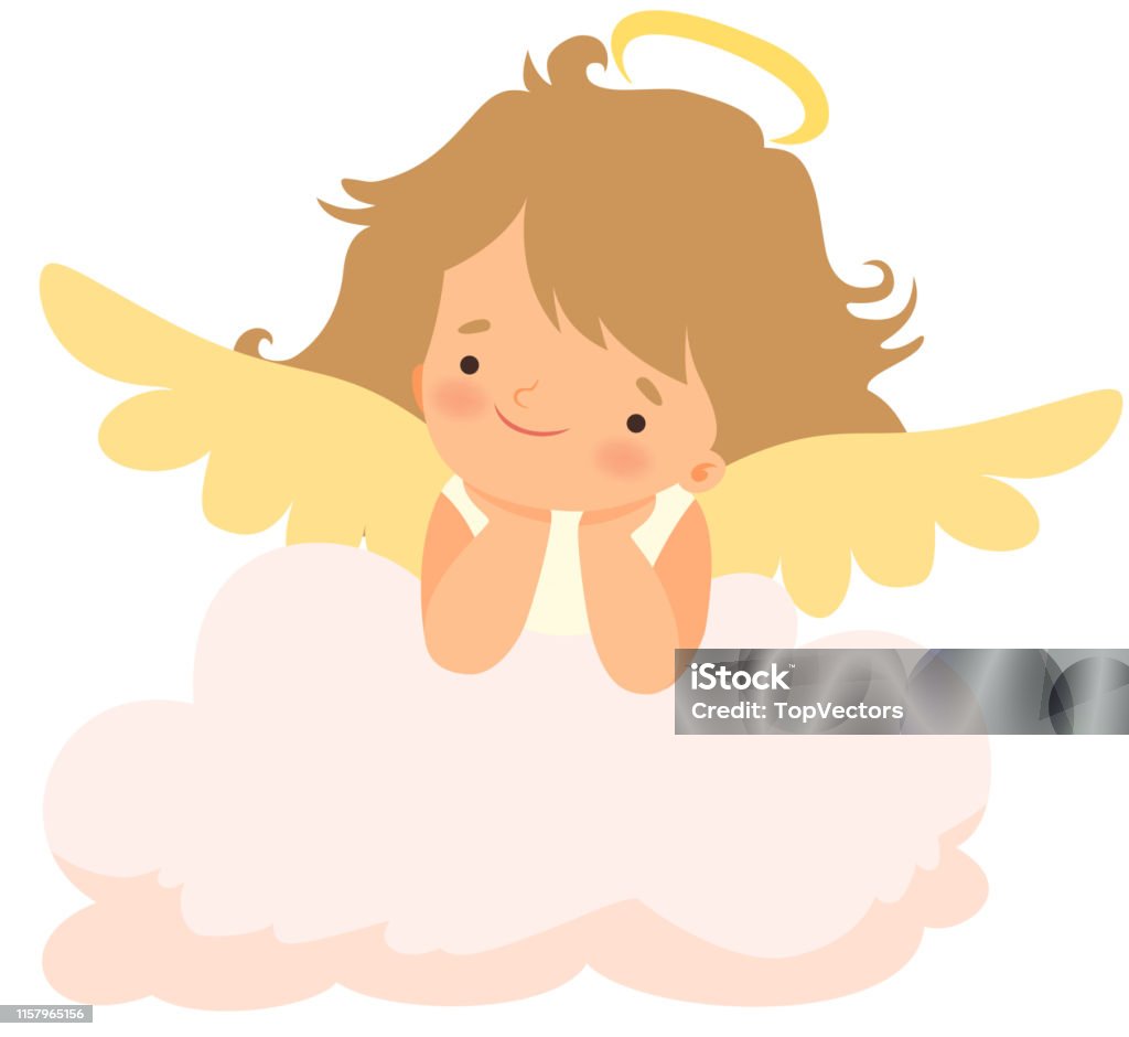 Adorable Girl Angel With Nimbus And Wings Cute Baby Cartoon ...