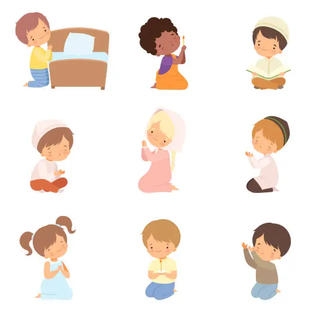 Vector illustration of Cute Little Kids Characters Kneeling in Prayer Set Cartoon Vector Illustration