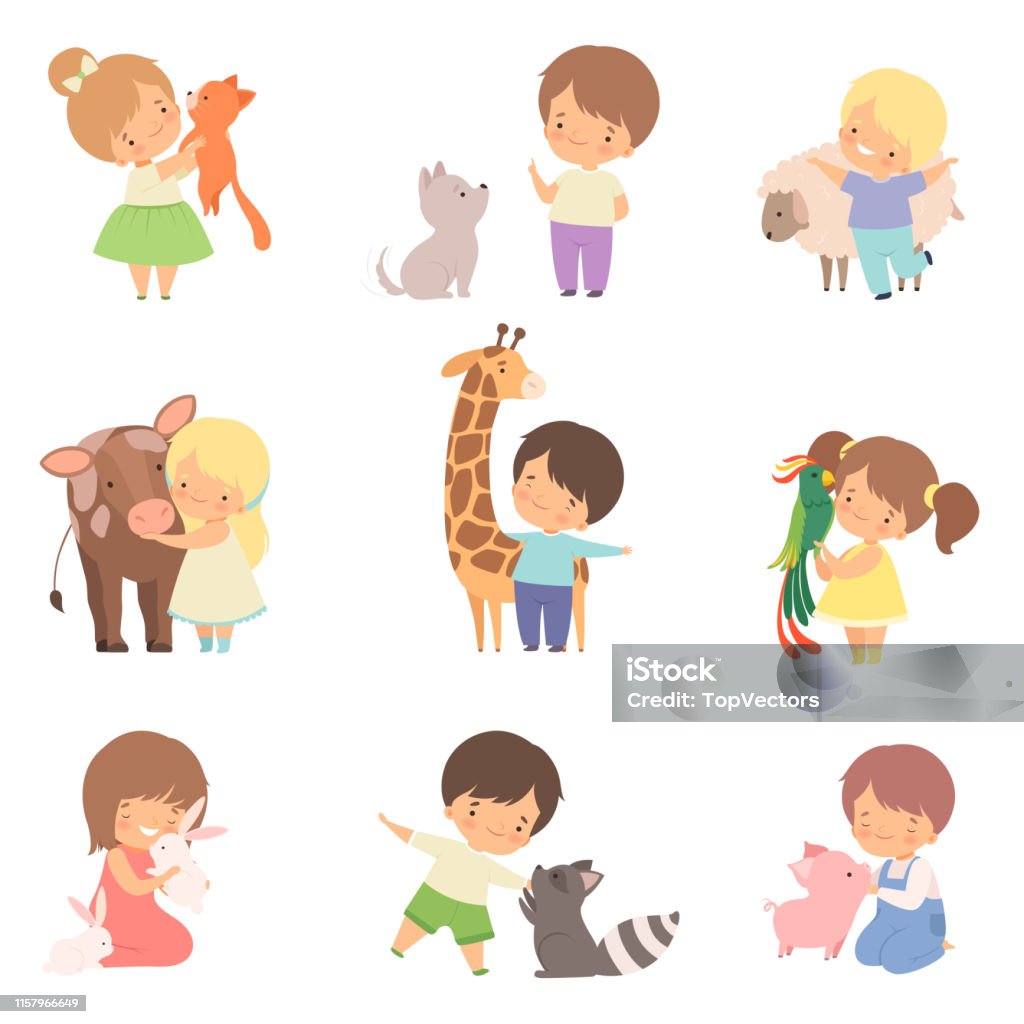 Cute Little Children Playing with Playing and Hugging Animals, Kid Interacting with Animal in Contact Zoo Cartoon Vector Illustration Cute Little Children Playing with Playing and Hugging Animals, Kid Interacting with Animal in Contact Zoo Cartoon Vector Illustration on White Background. Child stock vector