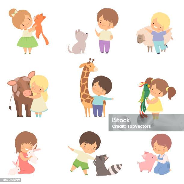 Cute Little Children Playing With Playing And Hugging Animals Kid Interacting With Animal In Contact Zoo Cartoon Vector Illustration Stock Illustration - Download Image Now