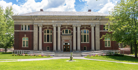 Facade of Coram Library, the main Bates College library from 1902 to 1973, faces the quad.