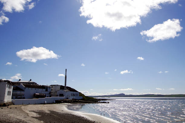 Bowmore, Islay, Scotland - May 11 2019: Bowmore Whisky Distillery Bowmore, Islay, Scotland - May 11 2019: The Bowmore Whisky Distillery seen from the beach of Loch Indaal in Bowmore bowmore whisky stock pictures, royalty-free photos & images