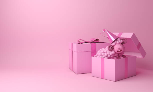 istock Pink gift box and a sheep on studio lighting background. 3D rendering illustration. 1157967957