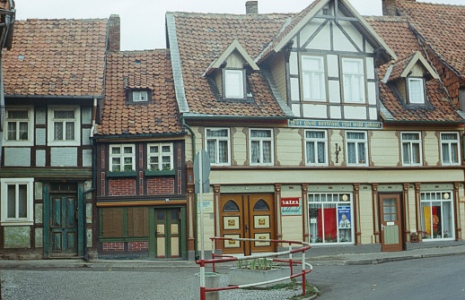 Wernigerode, Saxony-Anhalt, GDR, Germany, 1978. Street scene in a medieval town in the Harz during the socialist East German era.