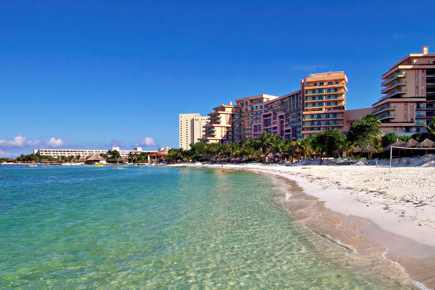 istock View of the beach and ocean front hotels in Cancun, Mexico. 1157968607