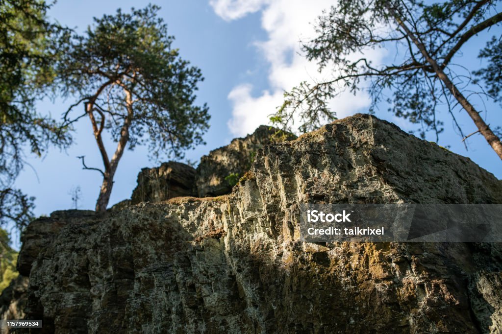 Rock formation in the Thuringia Slate Mountains, Germany Thuringia, Germany: Rock formation in the beautiful forest in Thuringia Slate Mountain. Woodland Stock Photo