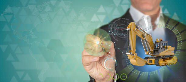 istock Construction industry concept. Businessman pointing 3D Excavator object with pen in HUD design technological background with copy space 1157969648