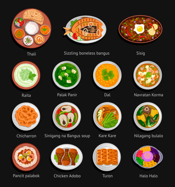 азиатская еда. филиппинская и индийская кухни. - philippines stock illustrations