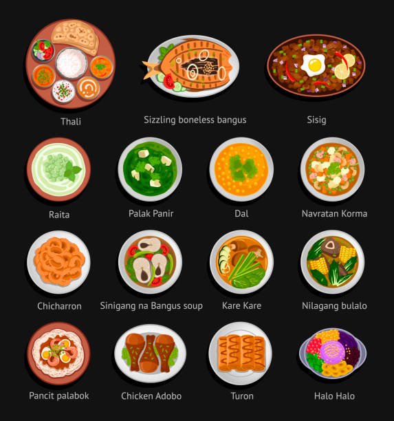 Asian food. Philippine and Indian cuisine. Big set of national dishes. Vector flat illustration. national capital region philippines stock illustrations