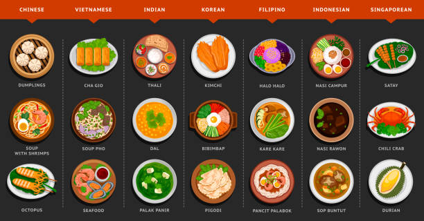 большой набор азиатской еды. вьетнамская, корейская, индонезийская, индийск�ая, китайская, филиппинская, сингапурская кухня. - asian cuisine lunch dinner food stock illustrations