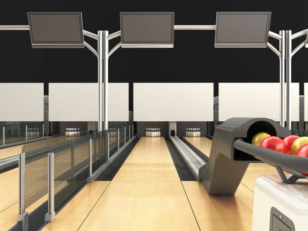 istock Modern bowling room waiting for visitors balls on bowling alley 3d render 1157971351