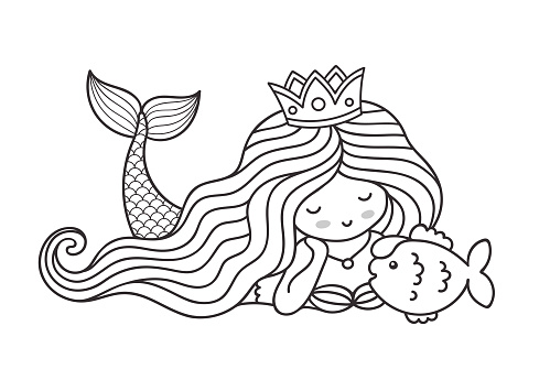 Mermaid Lying On The Seabed With Cute Little Fish Princess Cartoon  Personage For Coloring Book Stock Illustration - Download Image Now - iStock