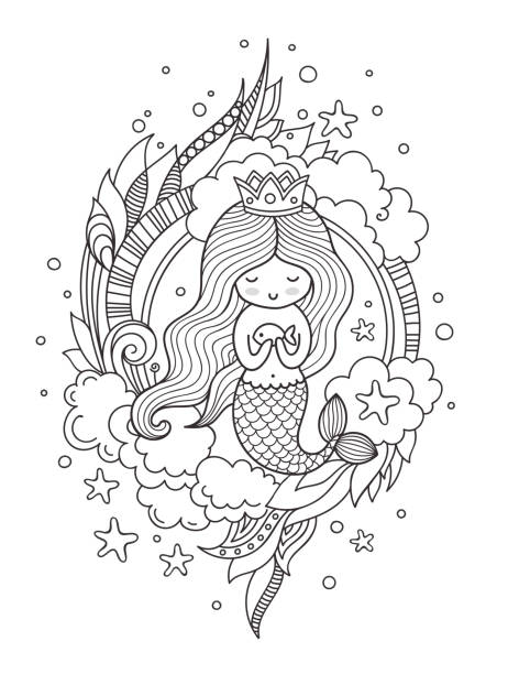 illustrations, cliparts, dessins animés et icônes de petite sirène reine avec des poissons. - women nymph hairstyle mythology
