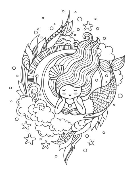 Portrait of dreamy lying mermaid with long hair. Page for coloring book, greeting card, print, t-shirt, poster. Hand-drawn vector illustration. wavy hair cartoon stock illustrations