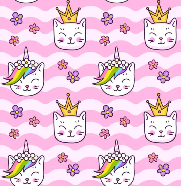Vector illustration of Seamless pattern with kitten with horn and rainbow mane, cat in a golden crowns.