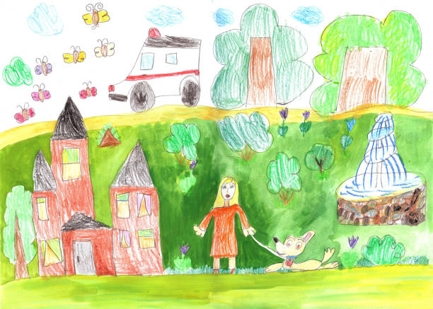 ilustrações de stock, clip art, desenhos animados e ícones de child's drawing of the happy family on a walk and cars. - child art childs drawing painted image