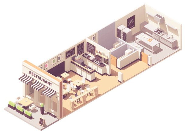 Vector isometric restaurant interior cross-section Vector isometric restaurant or cafe interior cross-section. Outdoor table under awnings, indoor hall with seats and counter, restaurant kitchen, blackboard wall menu cafe bar counter stock illustrations
