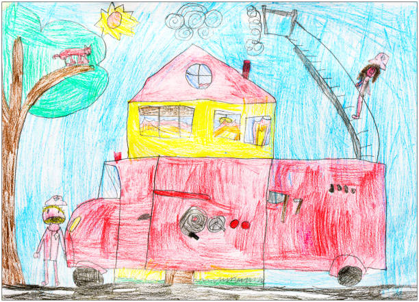 illustrazioni stock, clip art, cartoni animati e icone di tendenza di disegni per bambini, schizzi e doodles: camion dei vigili del fuoco - paintings child house childhood