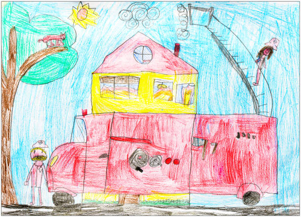 детские рисунки, эскизы и каракули: грузовик пожарной охраны - paintings child house childhood stock illustrations