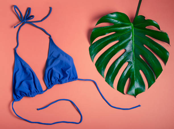 istock Beach concept. Blue swimsuit and leaf monstera on orange background. 1157977646
