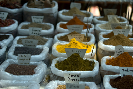 Bags of spice at the market, Deira, Dubai, United Arab Emirates.