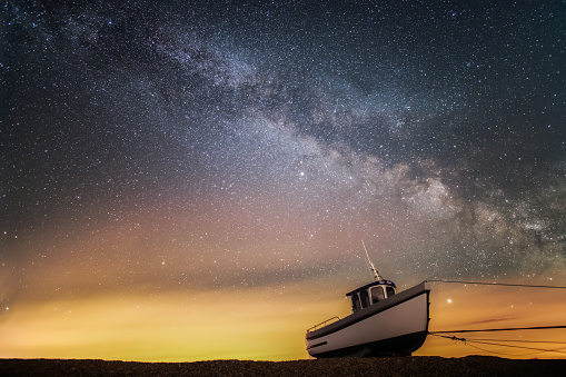 The Milky Way over a fishing boat at Dungeness