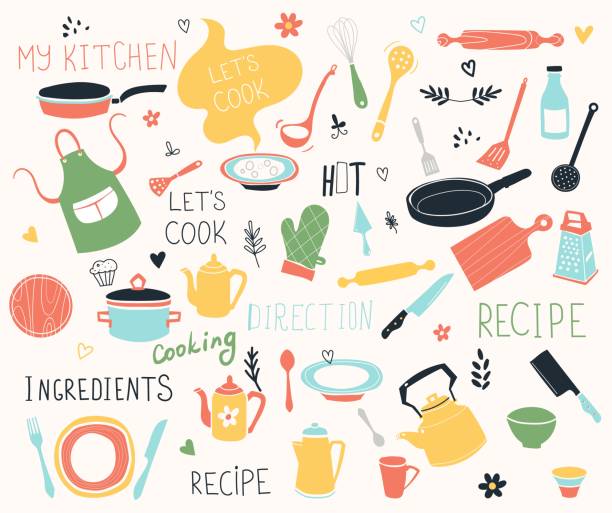 ilustrações, clipart, desenhos animados e ícones de jogo do ícone do vetor do doodle da cozinha. para o molde moderno do cartão da receita ajustado para o livro de receitas. criador do menu. - kitchen