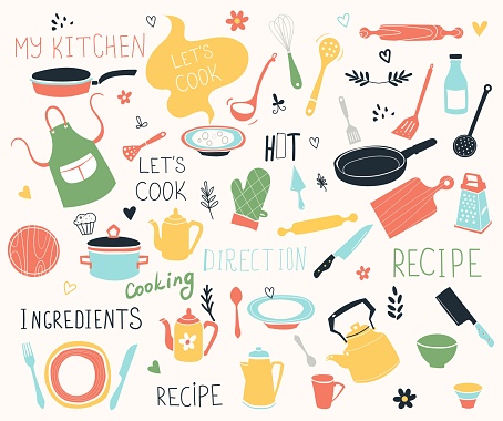Kitchen doodle vector icon set. For modern recipe card template set for cookbook. Menu creator.