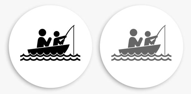 illustrazioni stock, clip art, cartoni animati e icone di tendenza di icona rotonda della famiglia di pescatori in bianco e nero - nautical vessel fishing child image