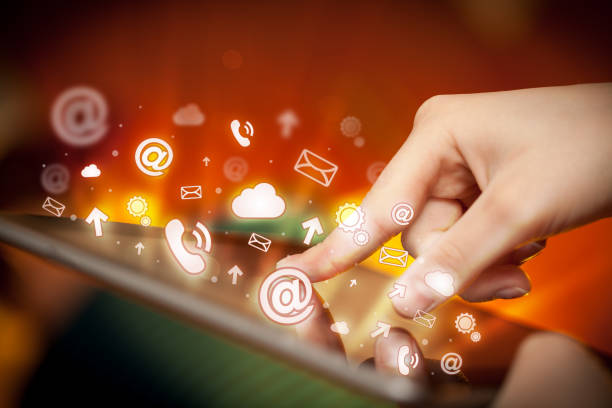istock Hand touching tablet pc, social media concept 1157986625