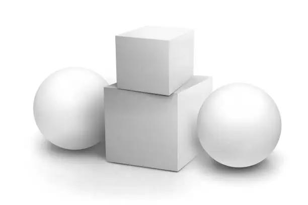 White cube and sphere Isolated objects on a white background.