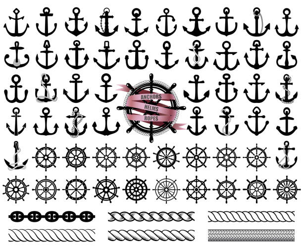 Set of anchors, rudders icons, and ropes. Set of anchors, rudders icons, and ropes. Vector illustration. anchor chain stock illustrations