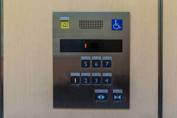 istock Image of disabled lift button. Stainless steel elevator panel push buttons for blind and disability people. 1157988473