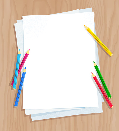 Top view vector illustration of white paper on wooden desk background with color pencils.