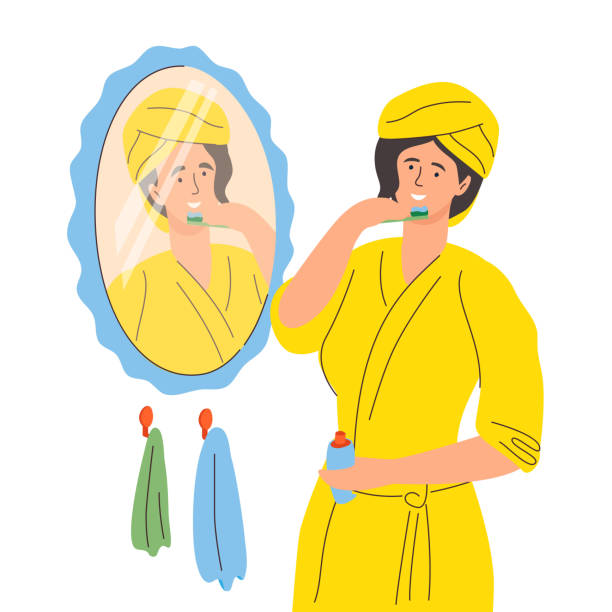 istock A woman brushing her teeth - colorful flat design style illustration 1157996953