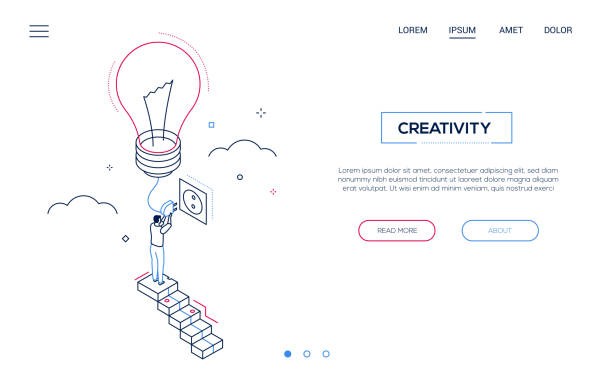 Creativity - line design style isometric web banner Creativity - line design style isometric web banner on white background with copy space for text. A header with businessman standing on the staircase, switching on a lightbulb. Bright idea concept changing-light-bulb stock illustrations