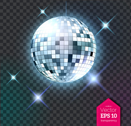 Vector illustration of silver disco ball with discotheque lights isolated on transparent background.
