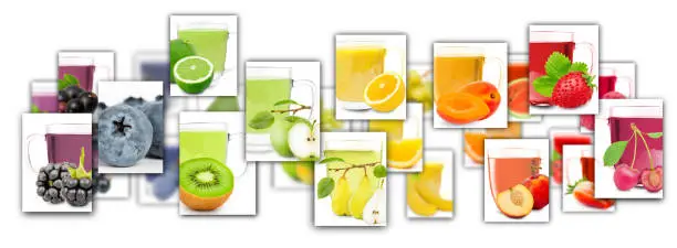 Photo of rainbow colorful abstract mix rectangles with fruit, slices and cups of tea isolated on white background