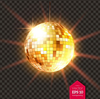 Vector illustration of golden Disco ball with light rays isolated on transparent background.