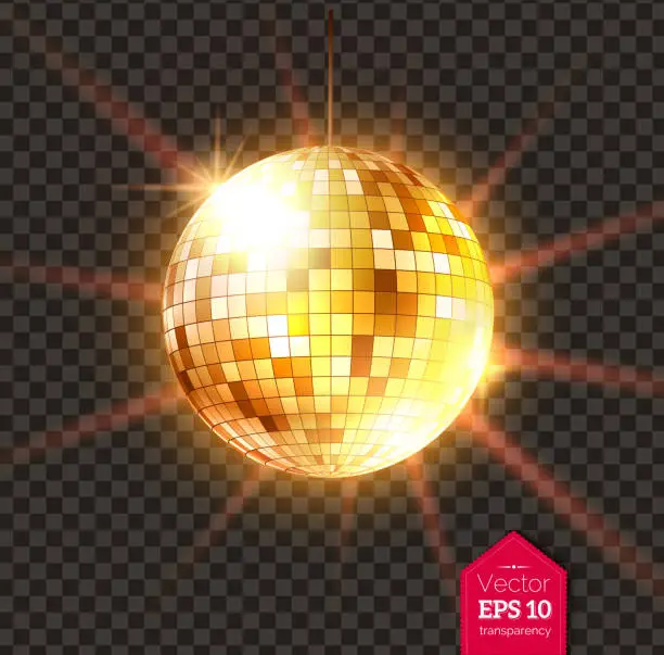 Vector illustration of Golden Disco ball with light rays