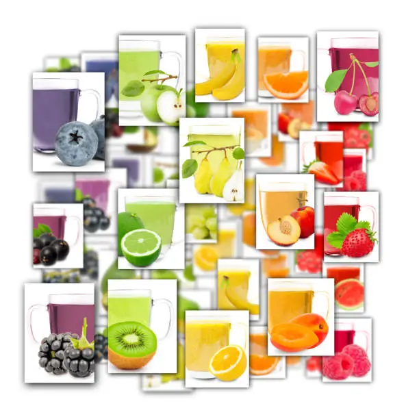 Photo of rainbow colorful abstract mix rectangles with fruit, slices and cups of tea isolated on white background