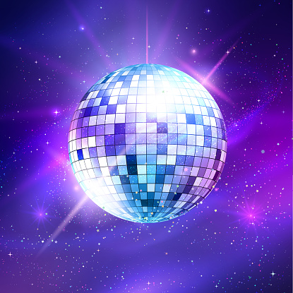 Vector illustration of disco ball on ultraviolet outer space background.