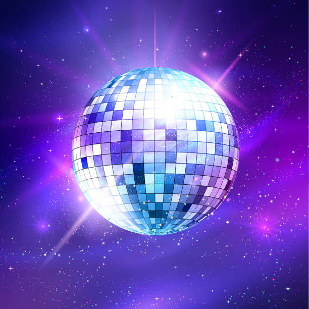 Disco ball on ultraviolet outer space background Vector illustration of disco ball on ultraviolet outer space background. disco ball stock illustrations